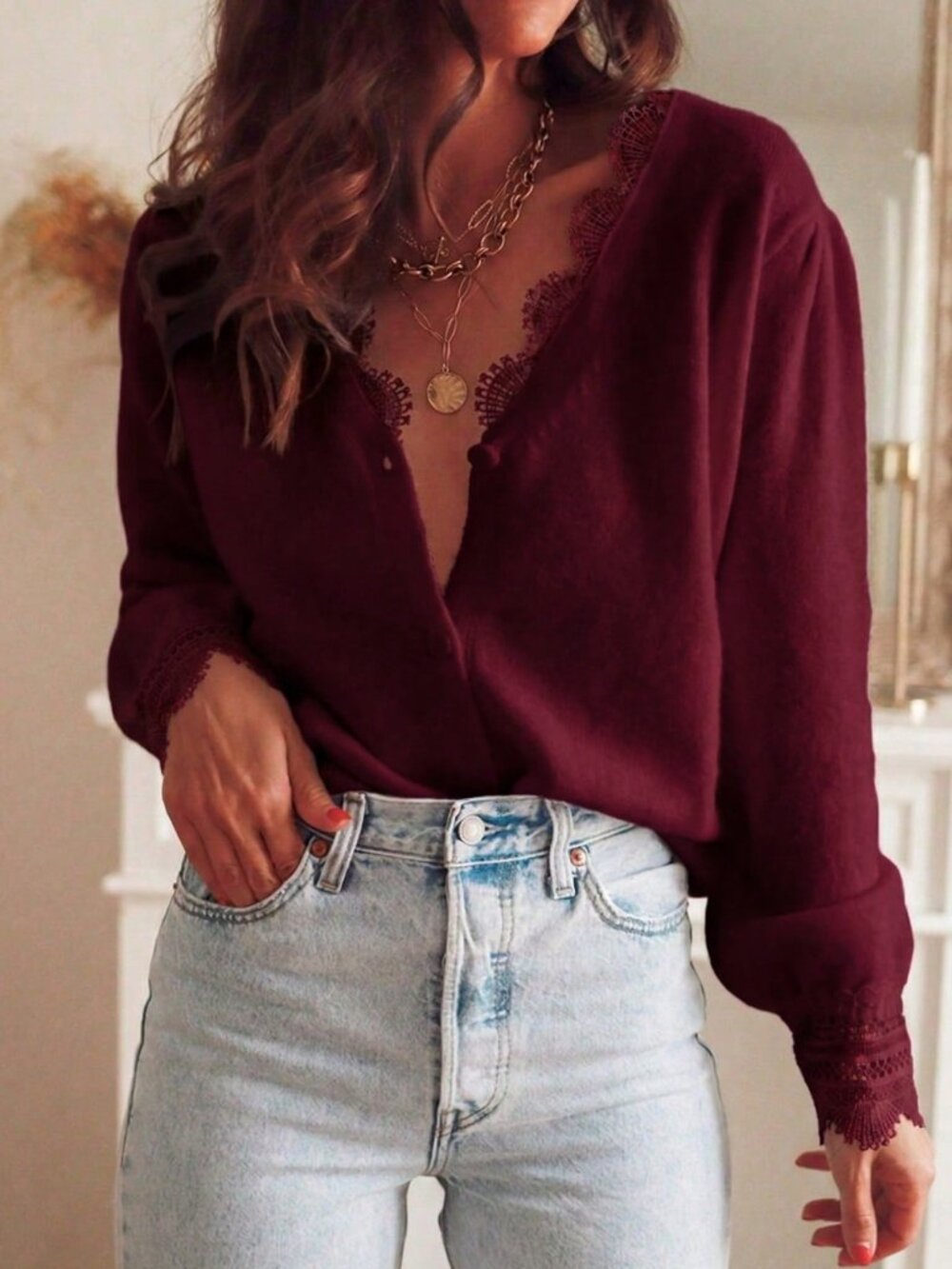 Burgundy Casual Women's Loose Fit Lace Trim V-Neck Knit Cardigan - Picture 6 of 9